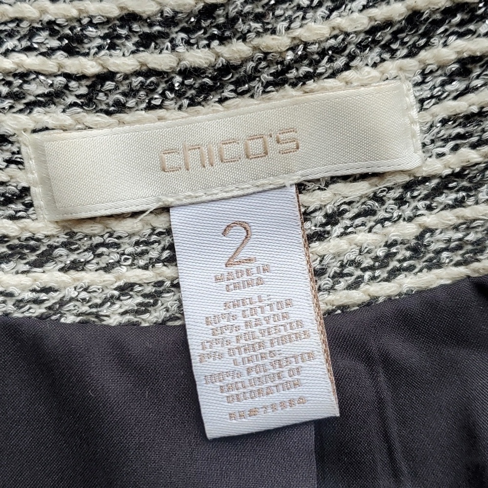 Chico's Black, White, Silver Tweed Jacket with Embellished Neckline 2 / L - Picture 6 of 11